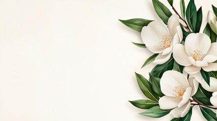Fototapeta premium Floral illustration abstract background concept. Beautiful white magnolia flowers with green leaves on a soft neutral background.
