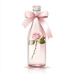 A glass bottle of rose water with a delicate pink label and a satin Generative ai