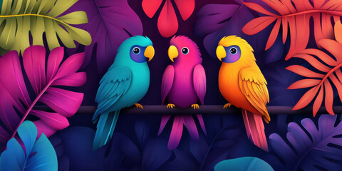 Colorful cartoon birds perched on branch surrounded by vibrant tropical leaves. bright hues of birds and foliage create lively and cheerful atmosphere