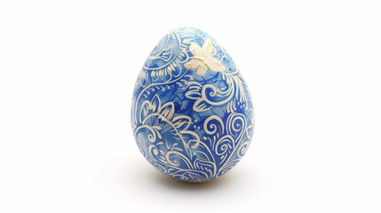 Blue ornate Easter egg isolated on a white background. Homemade painted Christian decoration