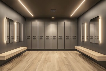 Modern locker room interior design featuring sleek cabinetry and stylish lighting in a minimalist space