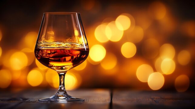 Elegant brandy snifter glass with swirling amber liquid cozy atmosphere still life warm lighting artistic perspective