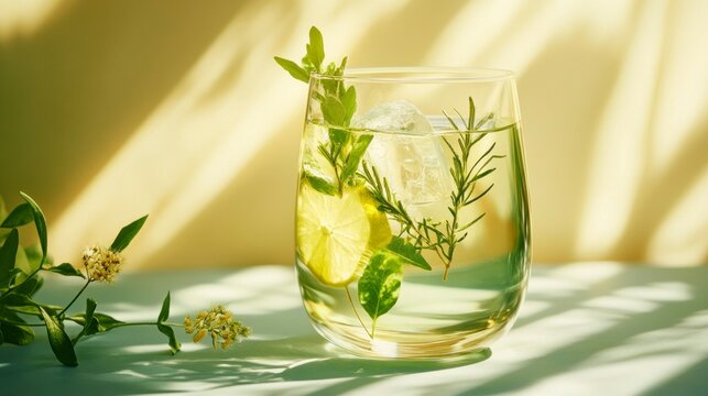 Refreshing minimalist gin and tonic with fresh herbs elegant setting drink photography natural light serene vibe