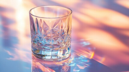 Modern geometric drinking glass on reflective surface abstract colors studio shot artistic perspective