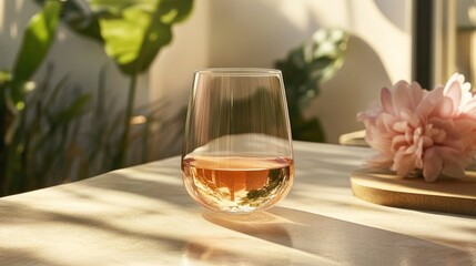 Elegant stemless wine glass with rose wine bright indoor setting decorative elements modern aesthetic