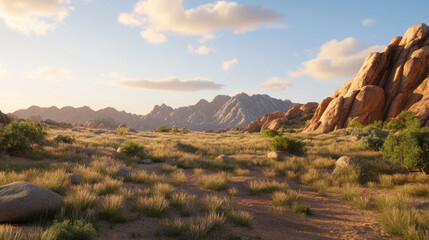 serene desert landscape featuring rocky mountains, golden grass, and clear blue sky. scene captures beauty of nature, evoking sense of tranquility and adventure