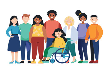 Obraz premium Multinational large group of people isolated on white background. Children, adults and teenagers stand together. Vector illustration