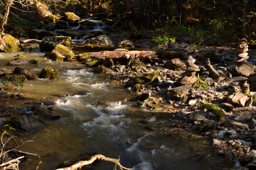 The rays of the rising sun illuminate the rocky bed of a mountain stream flowing through the forest on a clear autumn morning.