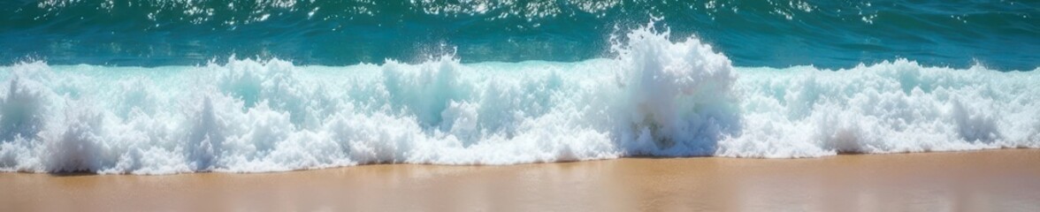 Crashing waves pound sandy beach, white foam bursts , natural, wild, sand