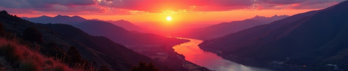 Obraz premium Crimson sunset casts long shadows across a winding river valley , exploration, riverbank, earth