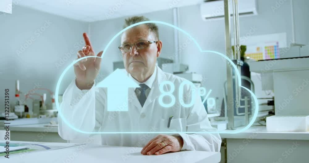 Poster scientist in lab coat interacting with cloud upload animation in laboratory