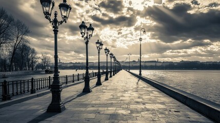 Vintage city street lined with classic lampposts, cloudy sky casting soft shadows.
