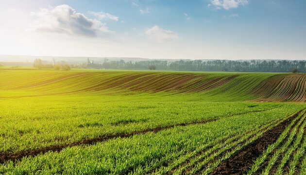 Young Wheat Field in Early Spring Vibrant Green Meadow Emerges with a Touch of Pastel Hues Under a Clear Blue Sky, Capturing the Essence of Natures Awakening