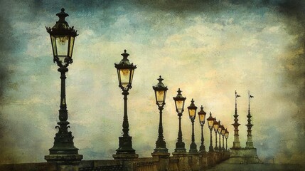 Fototapeta premium Vintage city street lined with classic lampposts, cloudy sky casting soft shadows.