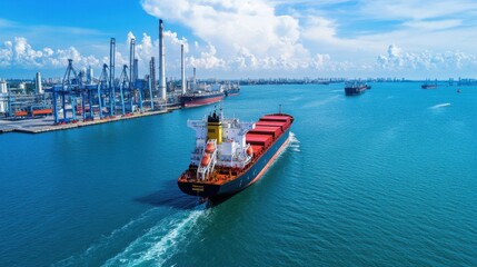 Obraz premium Large cargo ship navigating through busy shipping port with cranes and blue sky in the background
