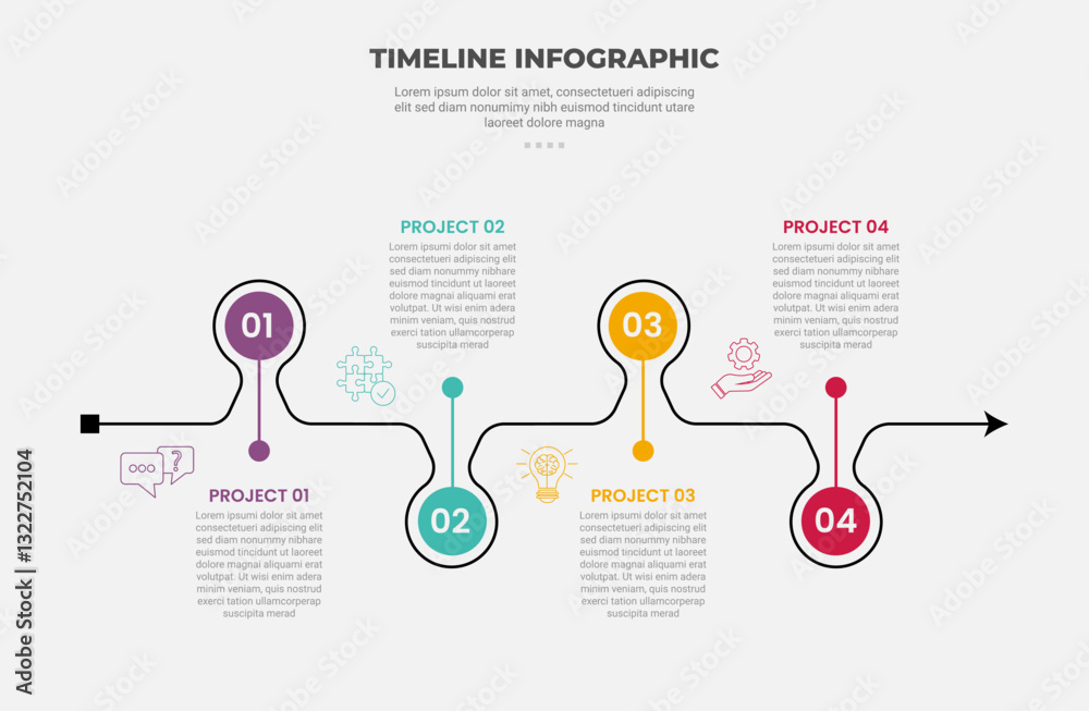 Poster timeline infographic outline style with 4 point template with big circle up and down horizontal for 