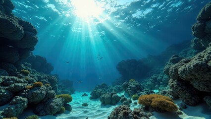 Obraz premium Sunlight filtering through ocean water over a coral reef with sandy seabed 