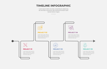 timeline infographic outline style with 5 point template with simple double line up and down arrow direction for slide presentation