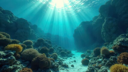 Obraz premium Sunlight filtering through ocean water over a coral reef with sandy seabed 