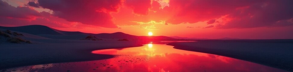 Fototapeta premium Crimson sky reflects on wet sand, dunes silhouetted against fiery glow , twilight, horizon, dramatic