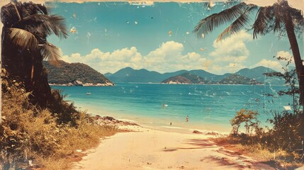 Scenic beach view postcard tropical paradise digital art coastal landscape vintage style serene environment