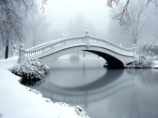 A beautiful white bridge arching over a serene snowy water body