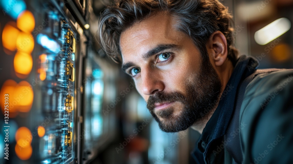 Fototapete A researcher examines quantum computing equipment, focusing on complex algorithms that manipulate qubits for optimization and data analysis. Bright lights and intricate machinery fill the workspace.