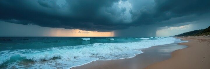 Dark, brooding clouds unleash torrential rain over a turbulent ocean, waves crash on a pristine sandy beach , sea, high waves