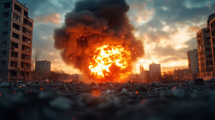 dramatic explosion fills scene with fiery orange and black smoke against backdrop of urban decay. atmosphere is tense and chaotic, capturing essence of destruction
