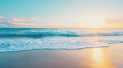 Fototapeta premium Seascape abstract background idea. Serene ocean waves gently crash on the sandy shore at sunset, creating a peaceful atmosphere.