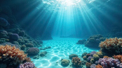 Sunlight filtering through clear ocean water over a coral reef with sandy seabed	