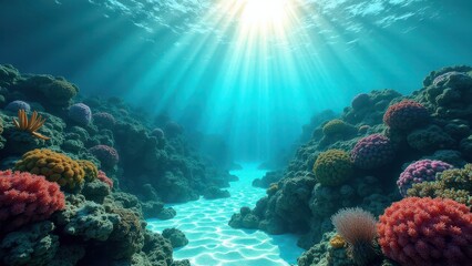 Obraz premium Sunlight streaming through clear ocean water over a vibrant coral reef ecosystem 