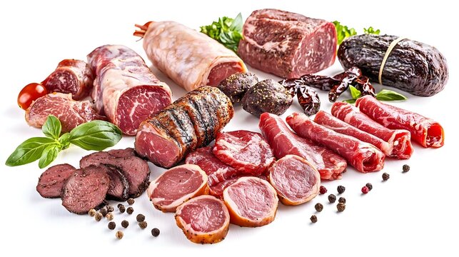 Koleksi Berbagai Daging Olahan dan Sosis Terisolasi Dengan Latar Belakang Putih