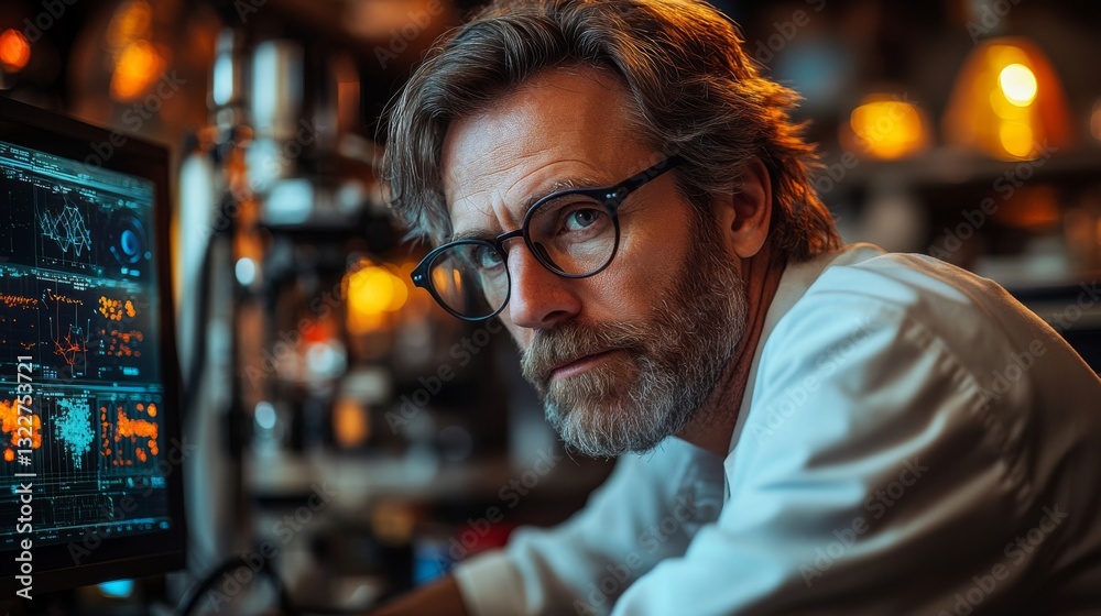 Aufkleber A scientist examines complex quantum simulations on a computer screen, delving into concepts like qubits, superposition, and entanglement to advance research in quantum mechanics.