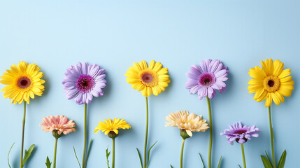 Obraz premium Flowers composition. Yellow and purple flowers on pastel blue background. Spring, easter concept. Flat lay, top view, copy space