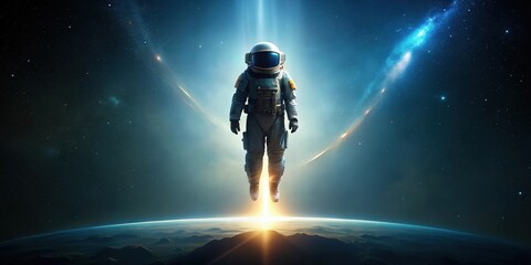 Fototapeta premium Astronaut in Space Suit Descends Towards a Planet's Horizon with a Celestial Light Beam
