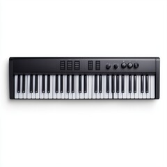 Fototapeta premium Black MIDI keyboard with 32 keys, knobs, and buttons on a white background for music production and creativity