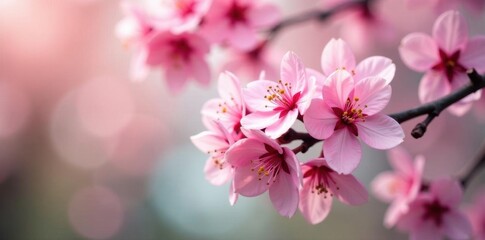 Obraz premium Close up of vibrant pink cherry blossoms, soft focus background Springtime scene , vibrant, bloom