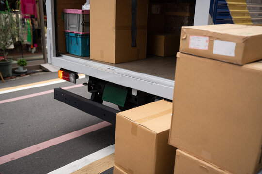 Boxes in the truck and outside prepared for delivery