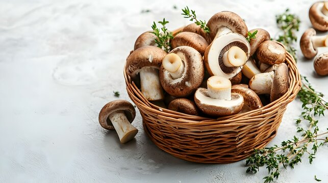 Jamur Krimini Segar dalam Keranjang dengan Rempah Thyme