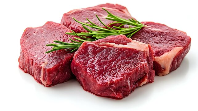 Potongan Daging Sapi Mentah Segar Rosemary Terisolasi di Latar Belakang Putih