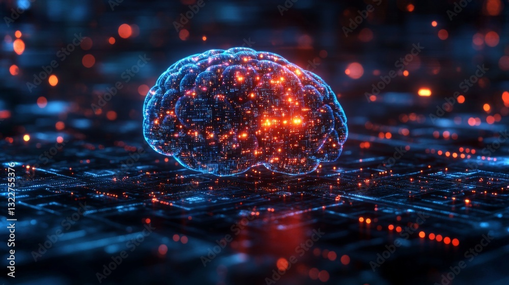 Fototapete A digital representation showcases a brain-like structure illuminated with vibrant colors, symbolizing the fusion of quantum computing and neural networks.