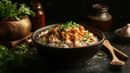 A high-quality, realistic image of a rice bowl filled with perfectly cooked, fluffy rice, surrounded by fresh ingredients and garnished with herbs, set against a clean background