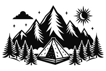 Obraz premium Black and white landscape panorama of mountains in the morning haze vector illustration