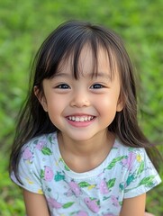 Smiling child enjoying a sunny day in the park surrounded by green grass, radiating joy and happiness outdoors