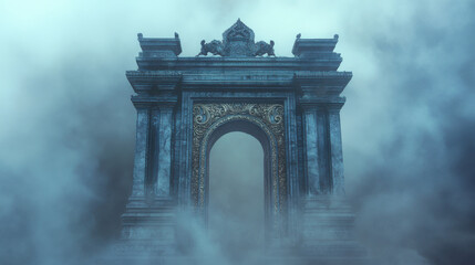 Fototapeta premium Two imposing temple gates rising from a thick mist, one sculpted from obsidian with delicate gold inlays, the other hewn from pristine marble with silver embellishments