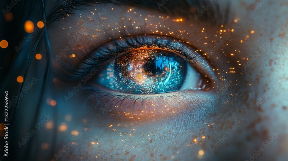 Poster a close-up view of a human eye incorporates elements symbolizing quantum concepts like superposition