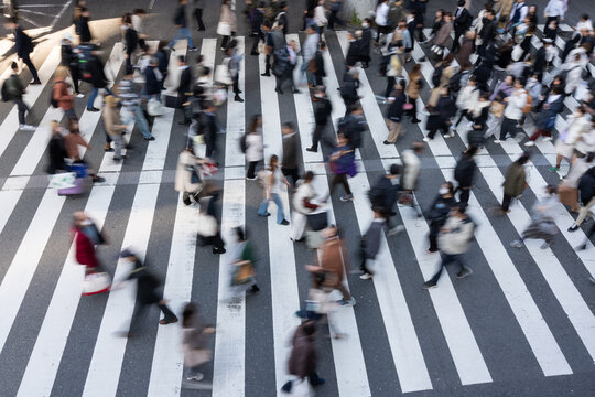 Crowded zebra crossing in motion from above