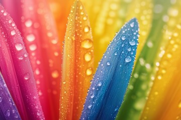 Colorful water droplets on vibrant rainbow leaves in a close-up composition