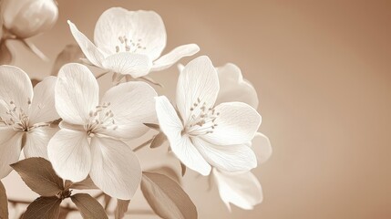 Fototapeta premium Floral illustration abstract background concept. Delicate white flowers in soft sepia tones, symbolizing purity and tranquility.